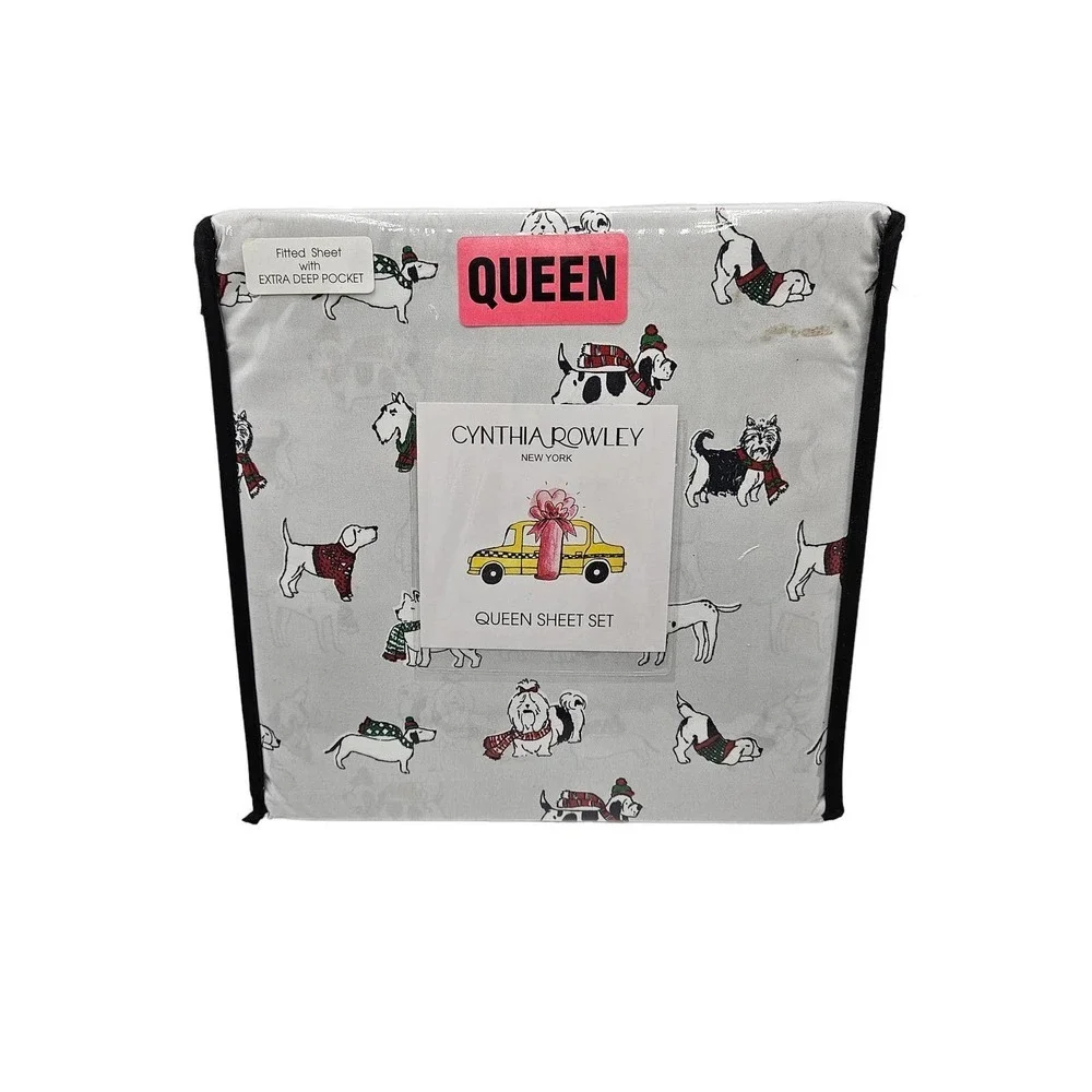 Cynthia Rowley Christmas‎ Dog QUEEN Sheet Set Holiday Winter Sweater Scarf XDeep